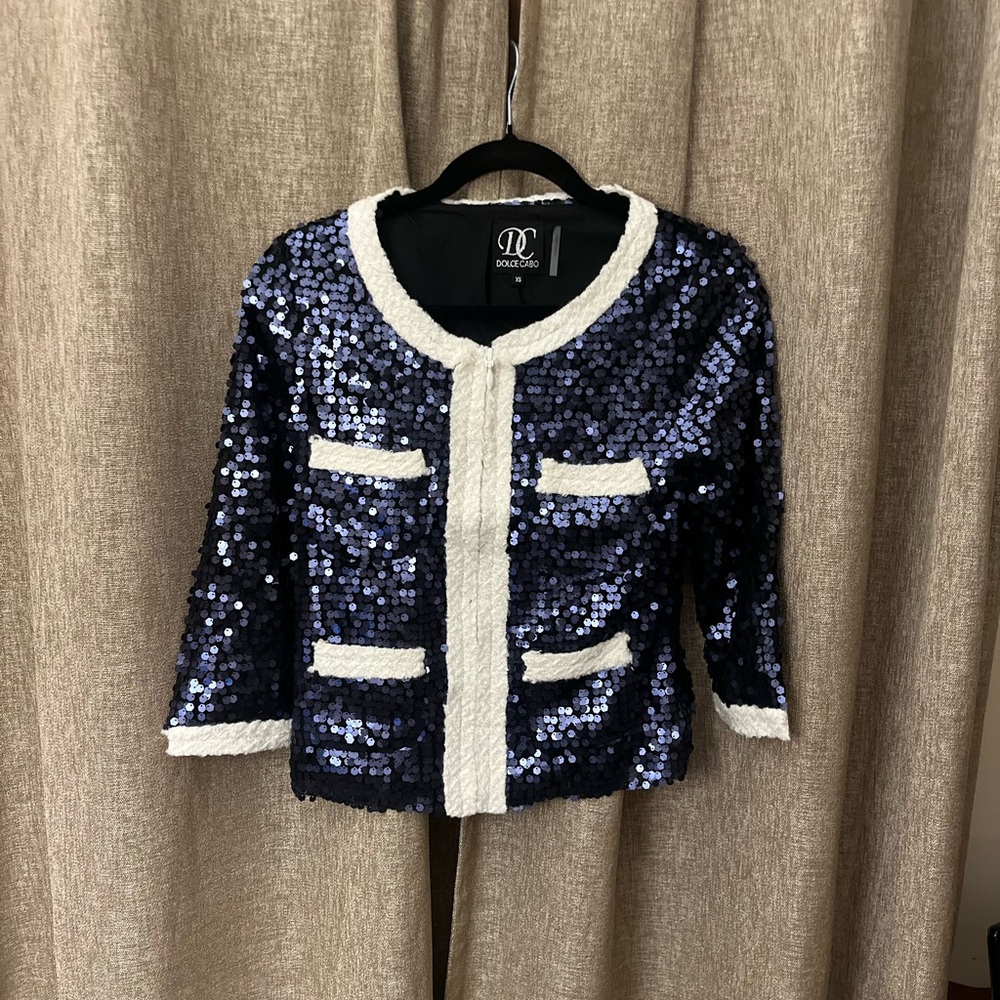 Dolce Cabo Blue and White Sequin Blazer Size XS
